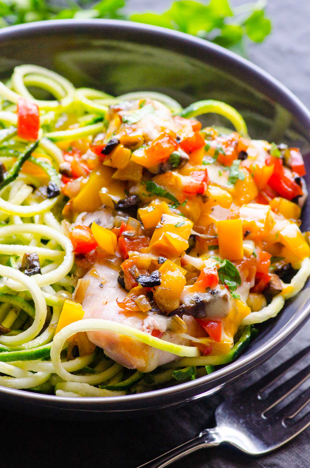 A plate with chicken topped with pepper mixture and zoodles on side.