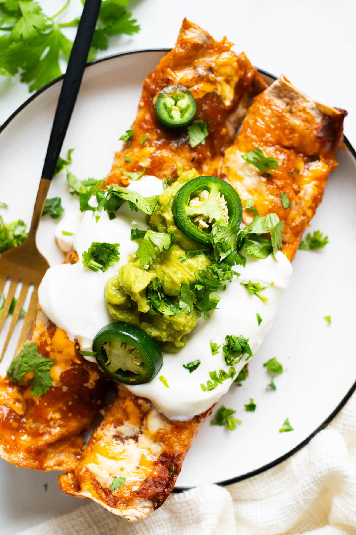 Chicken enchiladas served with sour cream, guacamole and jalapeno on a plate.