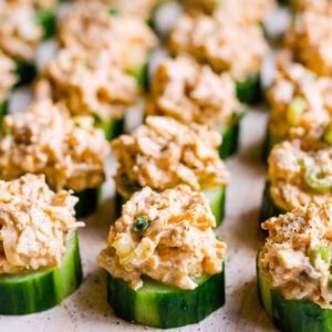 cucumber appetizers topped with buffalo chicken