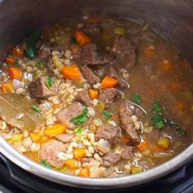 instant pot beef barley soup in the pressure cooker