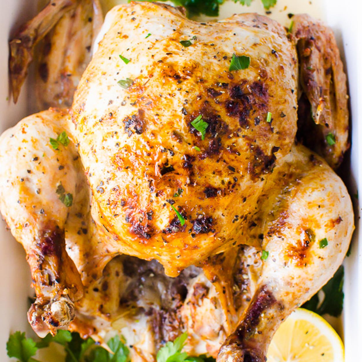 instant pot whole chicken being served with lemon wedge