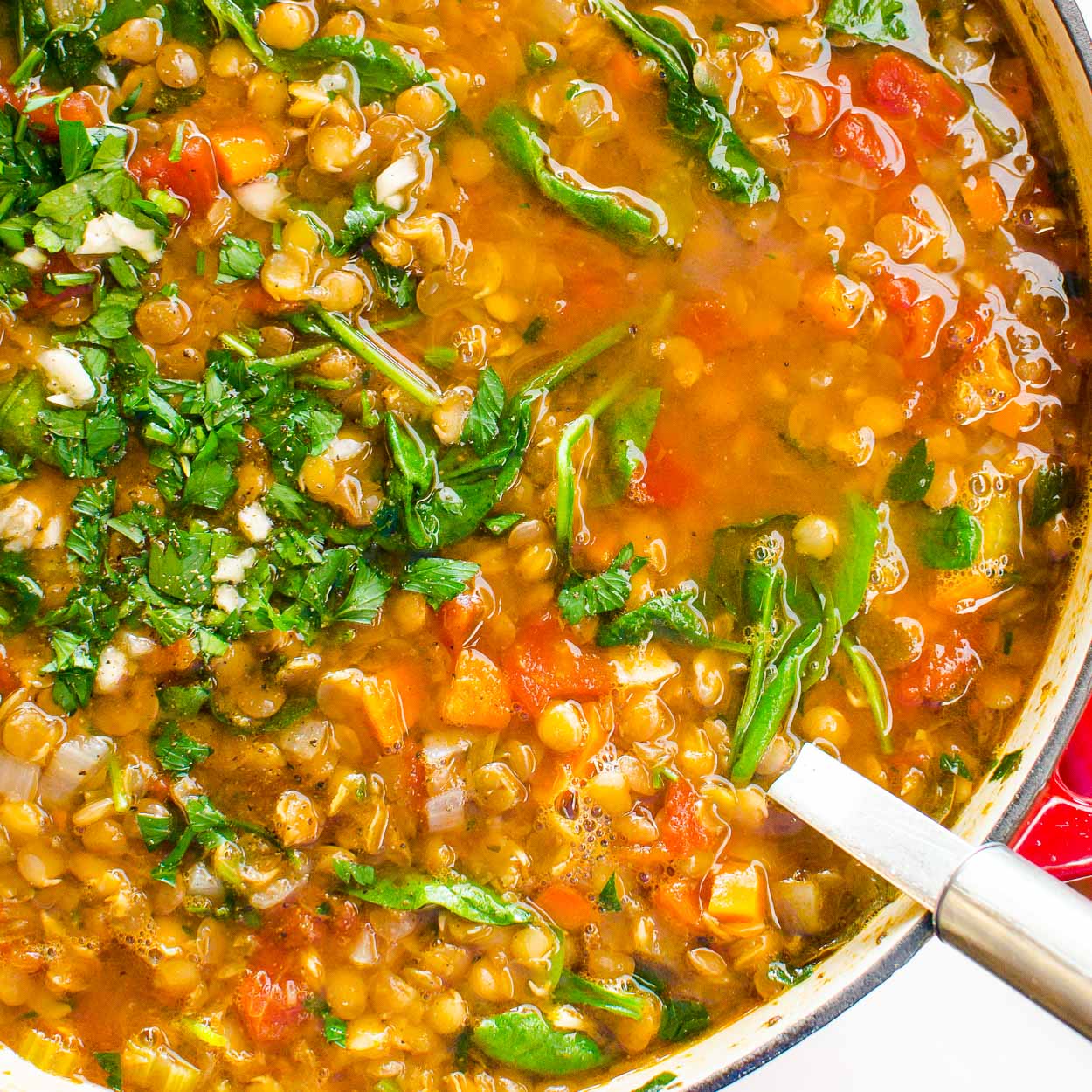 lentil and spinach soup in a bowl with serving spoon