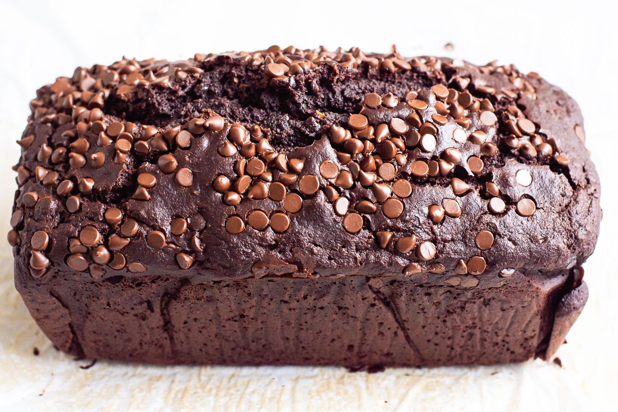 Baked chocolate bread with chocolate chips on top.