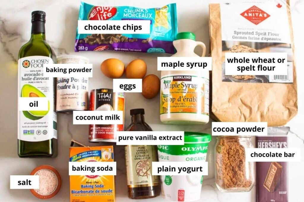 healthy chocolate cake ingredients on a countertop
