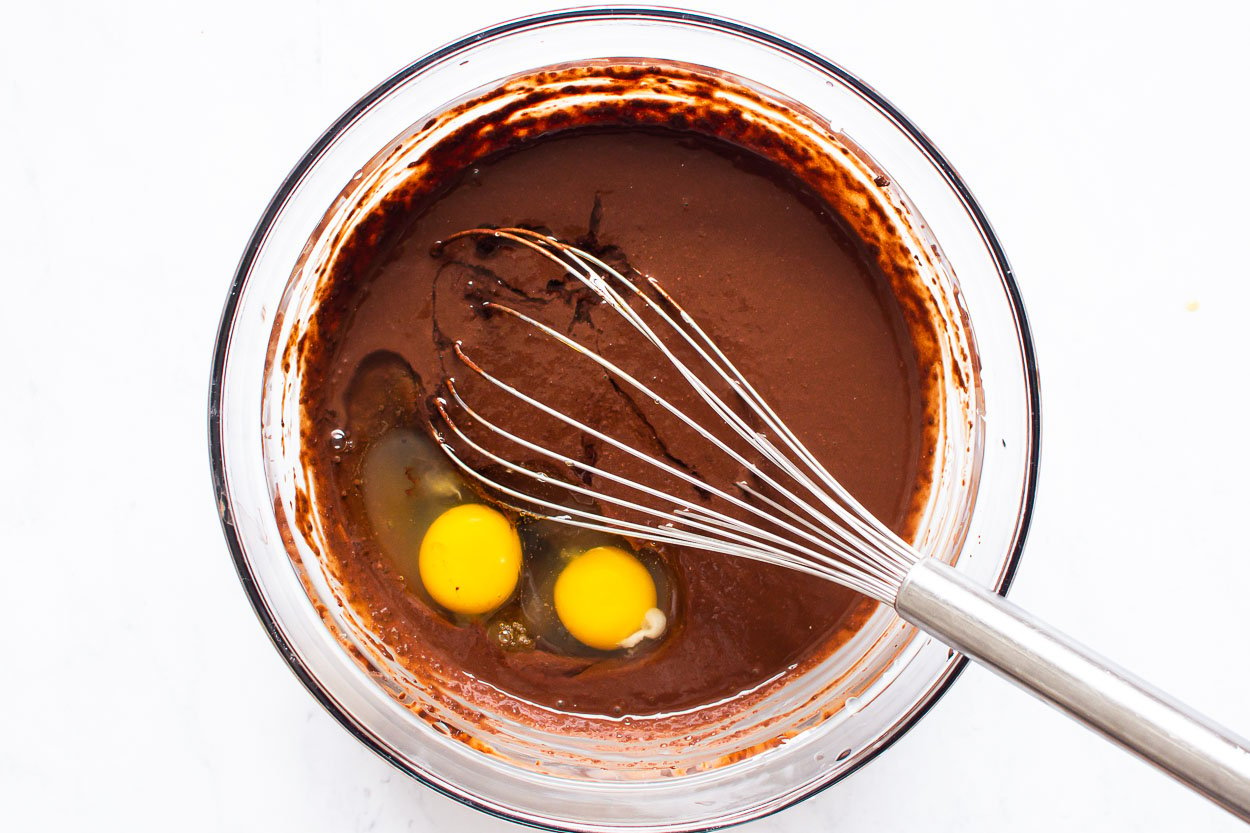 Eggs whisked with cacao powder.
