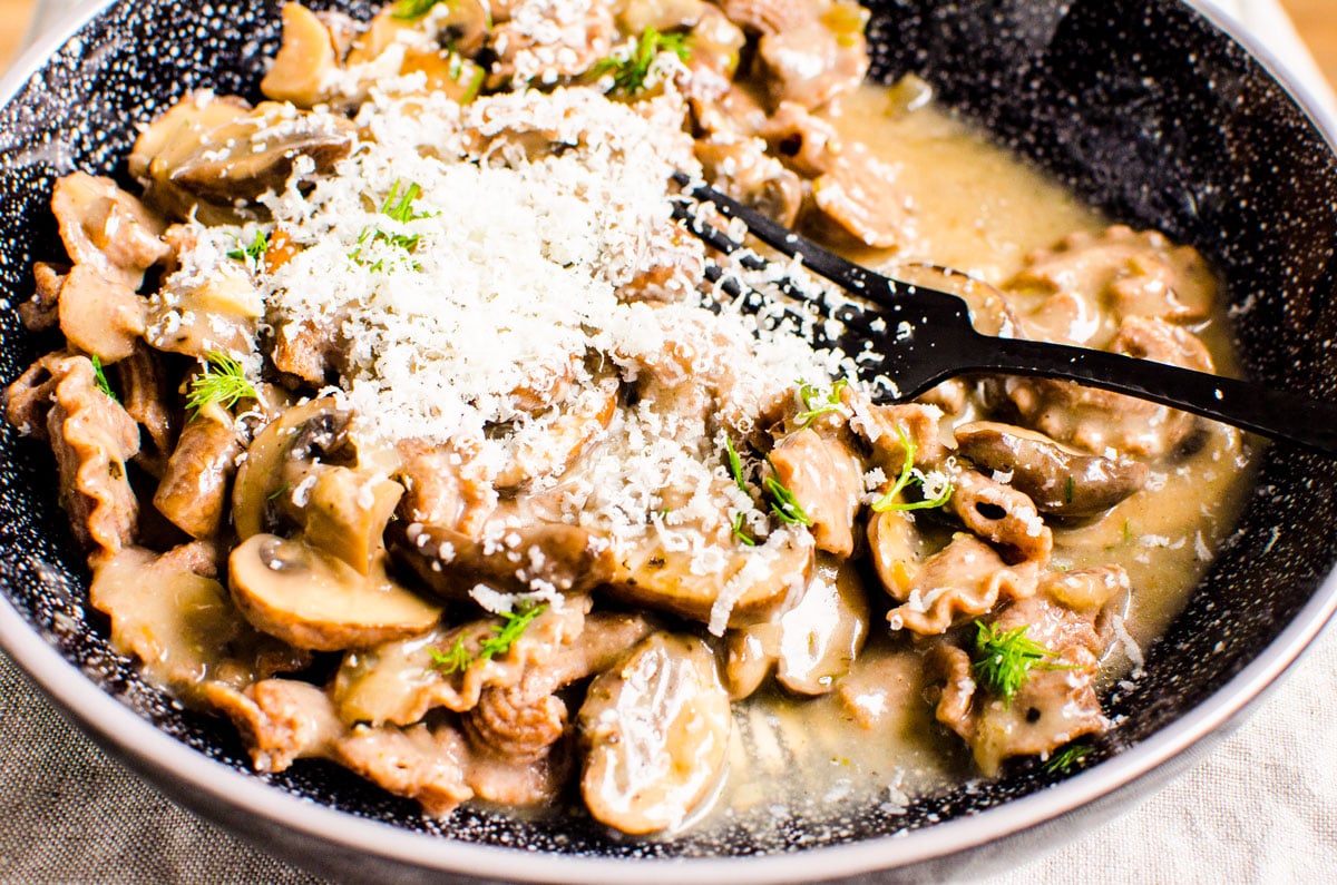 meatless stroganoff recipe with mushrooms in a bowl for serving
