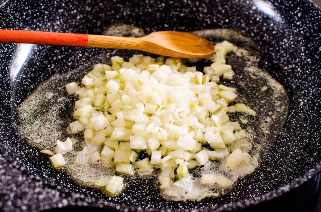 sauteing onions in butter for stroganoff sauce