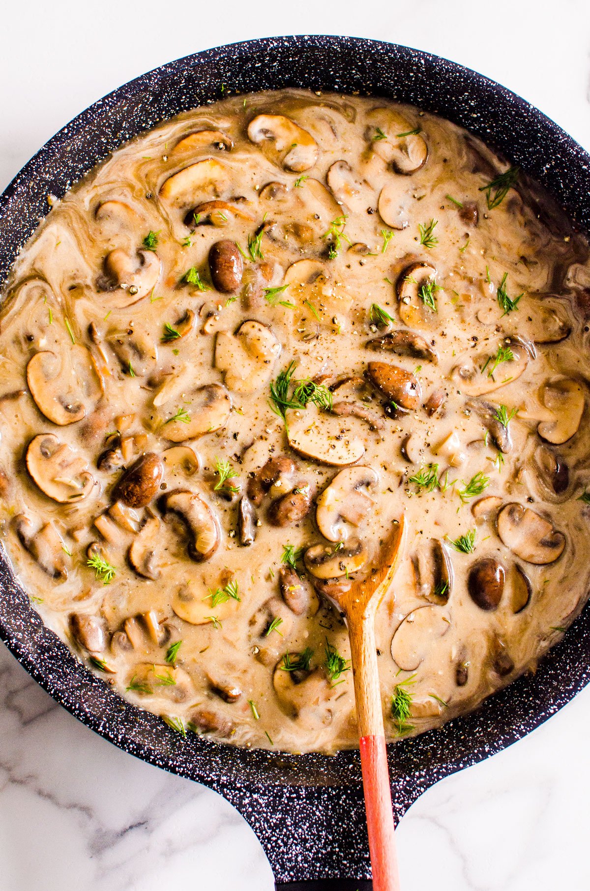 mushroom noodles stroganoff sauce in a pan for serving