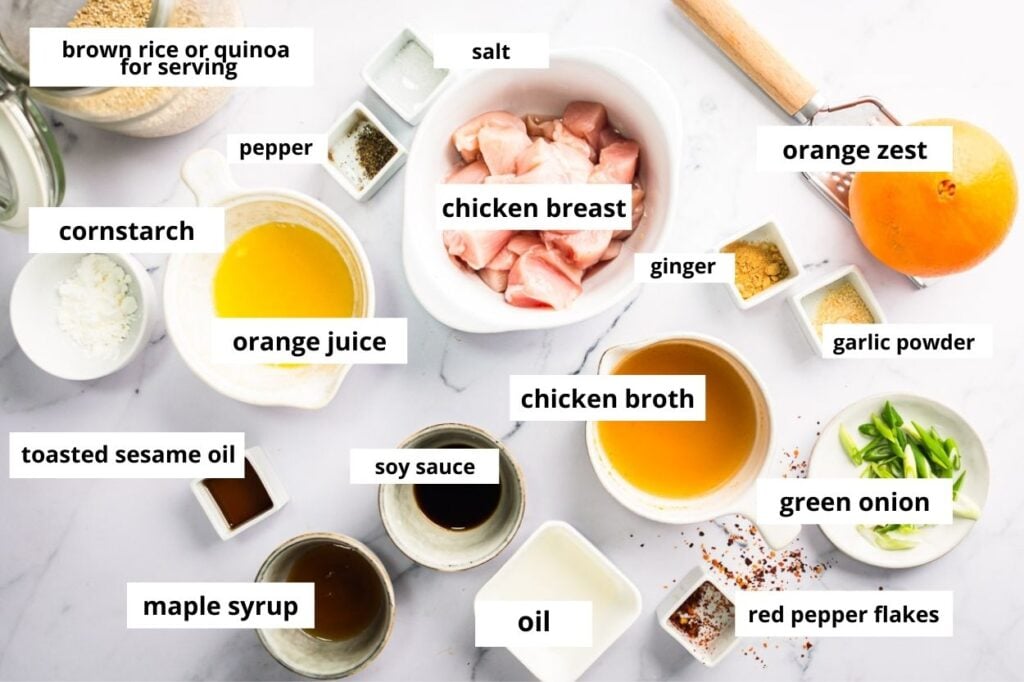 healthy orange chicken ingredients with orange juice chicken breast orange zest toasted sesame oil