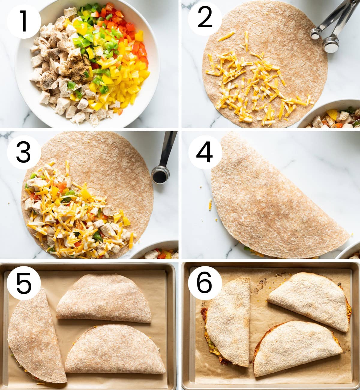 Step by step process how to make chicken quesadillas.