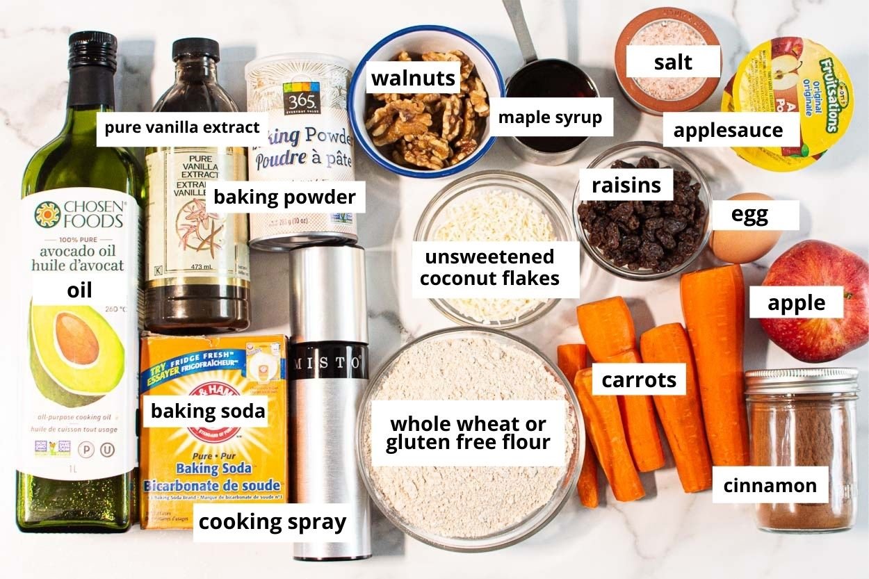 Whole wheat flour, apple, carrots, applesauce, walnuts, raisins, egg, maple syrup, cinnamon, oil and baking staples.