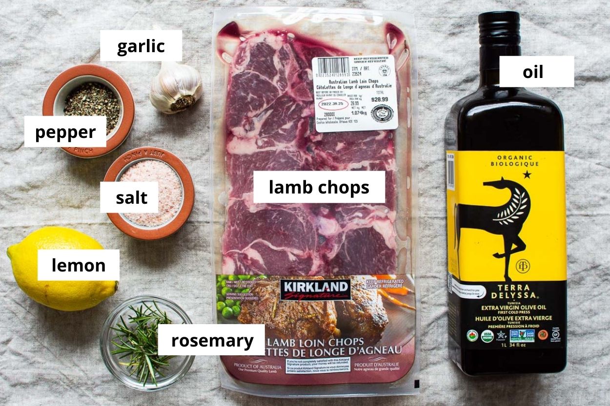 Lamb chops, olive oil, lemon, rosemary, garlic, salt and pepper.