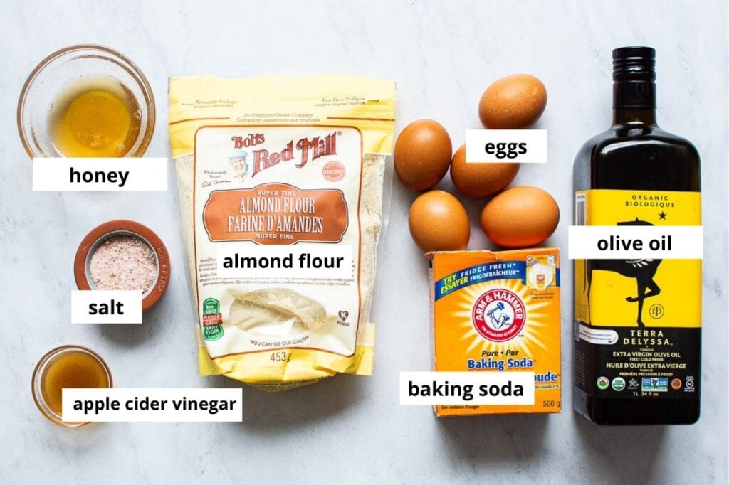 almond flour, eggs, apple cider vinegar, olive oil, and honey.