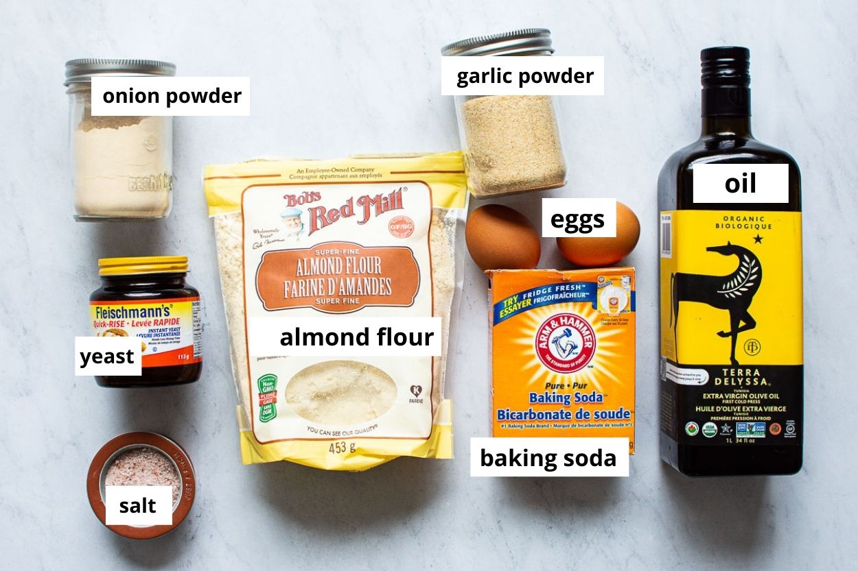 Almond flour, oil, onion and garlic powders, baking soda, eggs, and yeast.