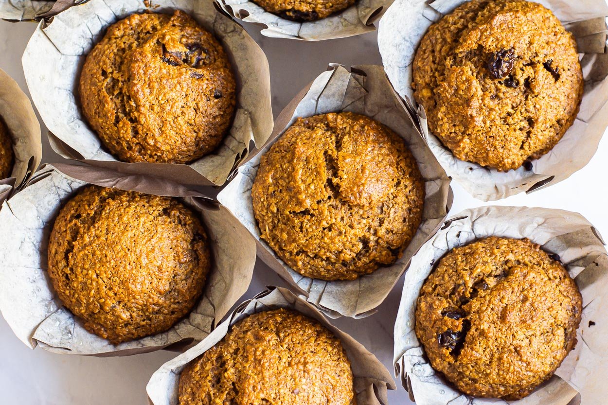 View from top of oat bran muffins in muffin liners.