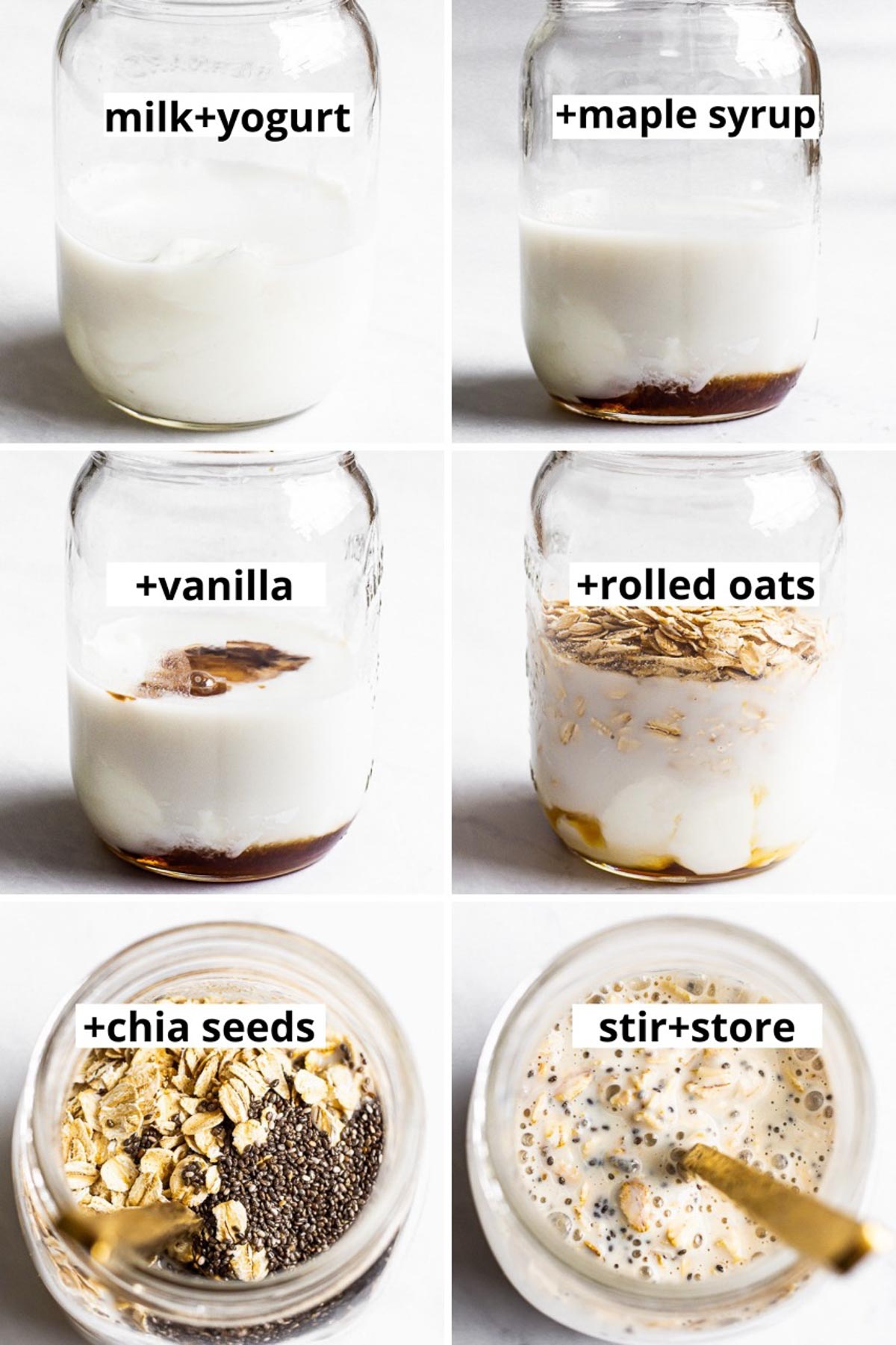 Mason jars with milk, yogurt, maple syrup, vanilla, rolled oats, chia seeds and then stirred with spoon.