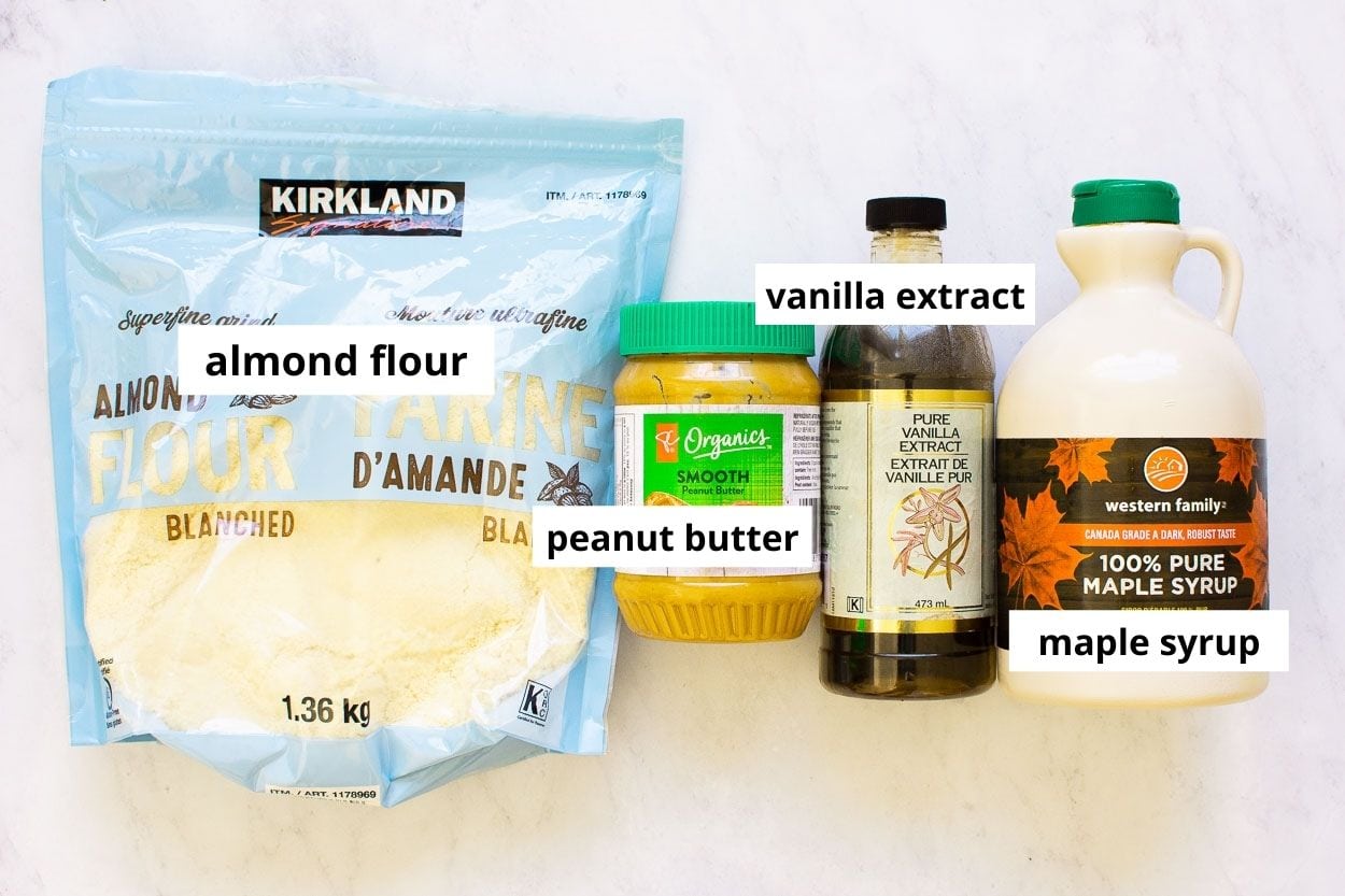 Almond flour, maple syrup, vanilla extract, peanut butter.