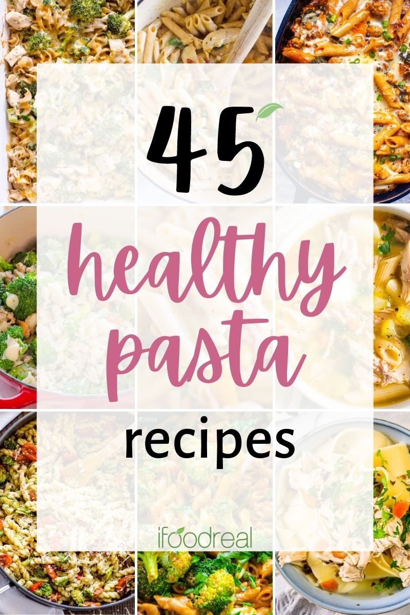 Healthy pasta in bowls, skillets and baking dishes.