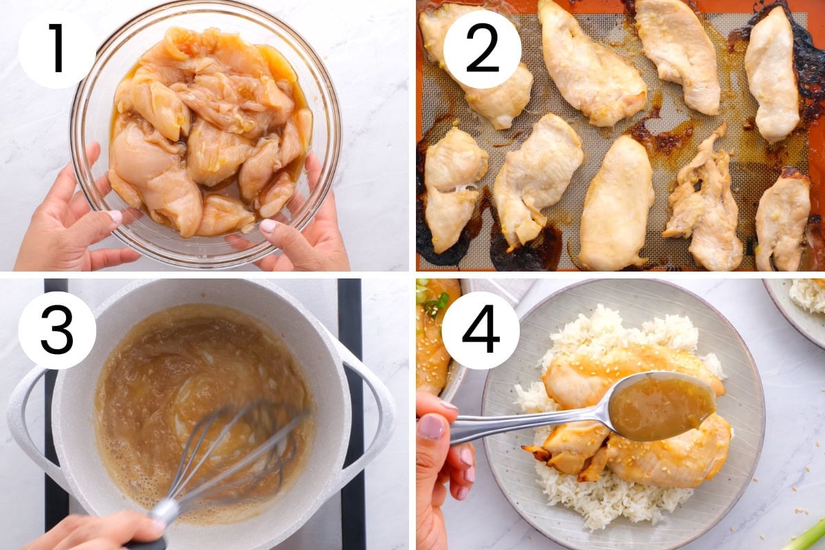 Step by step process how to make baked honey garlic chicken.