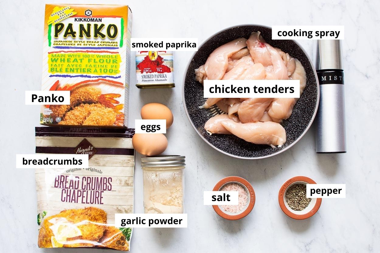 Chicken tenders, panko, bread crumbs, eggs and seasoning ingredients.