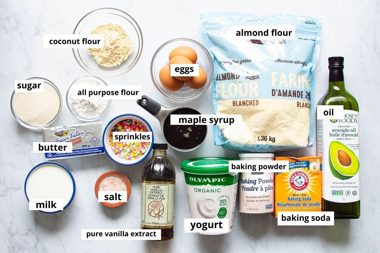 Almond flour, greek yogurt, coconut flour, butter, oil and baking staple ingredients.