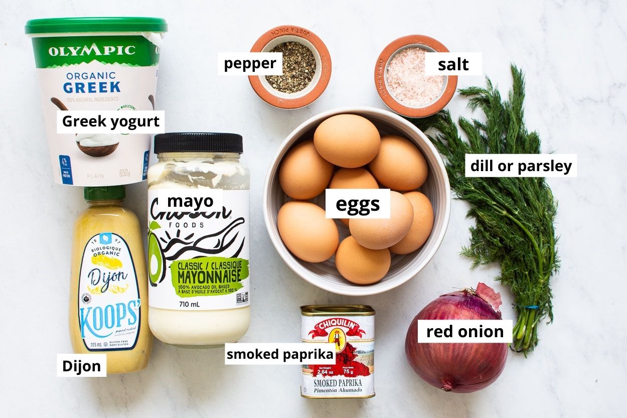 Greek yogurt, eggs, mayo, red onion and seasoning ingredients.