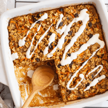 Carrot cake baked oatmeal in a baking dish.