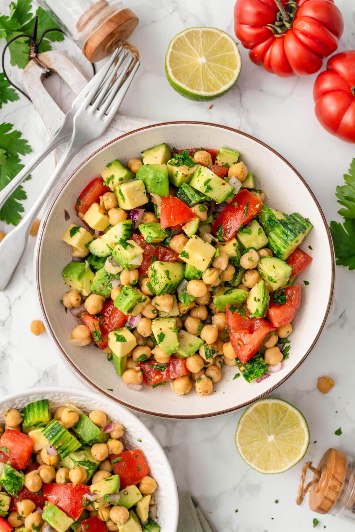 Chickpea avocado salad in a bowl.