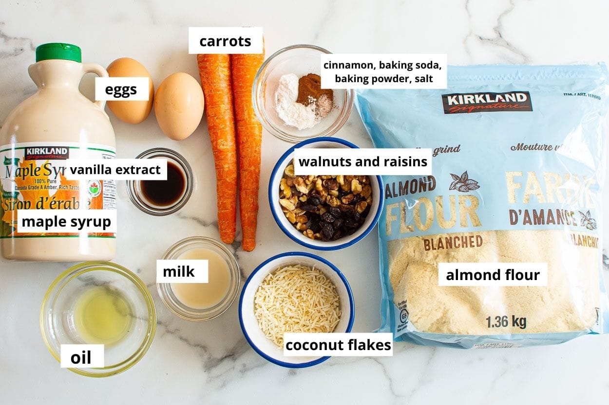 Carrots, almond flour, maple syrup, eggs, walnuts, raisins, milk and baking staples.