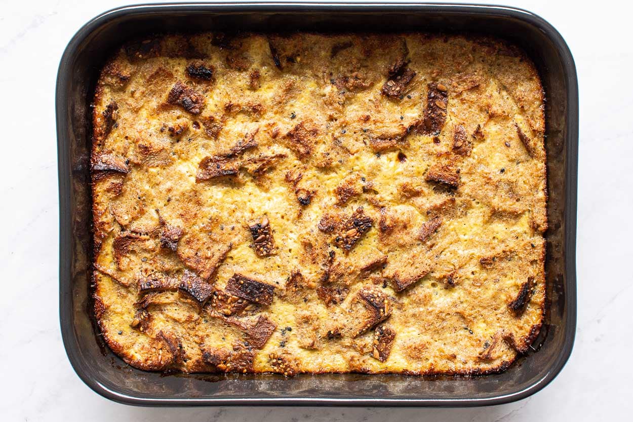 Baked french toast casserole in baking dish.