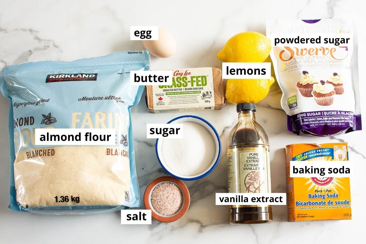 Almond flour, lemons, egg, sugar, butter, powdered sugar, baking staples.