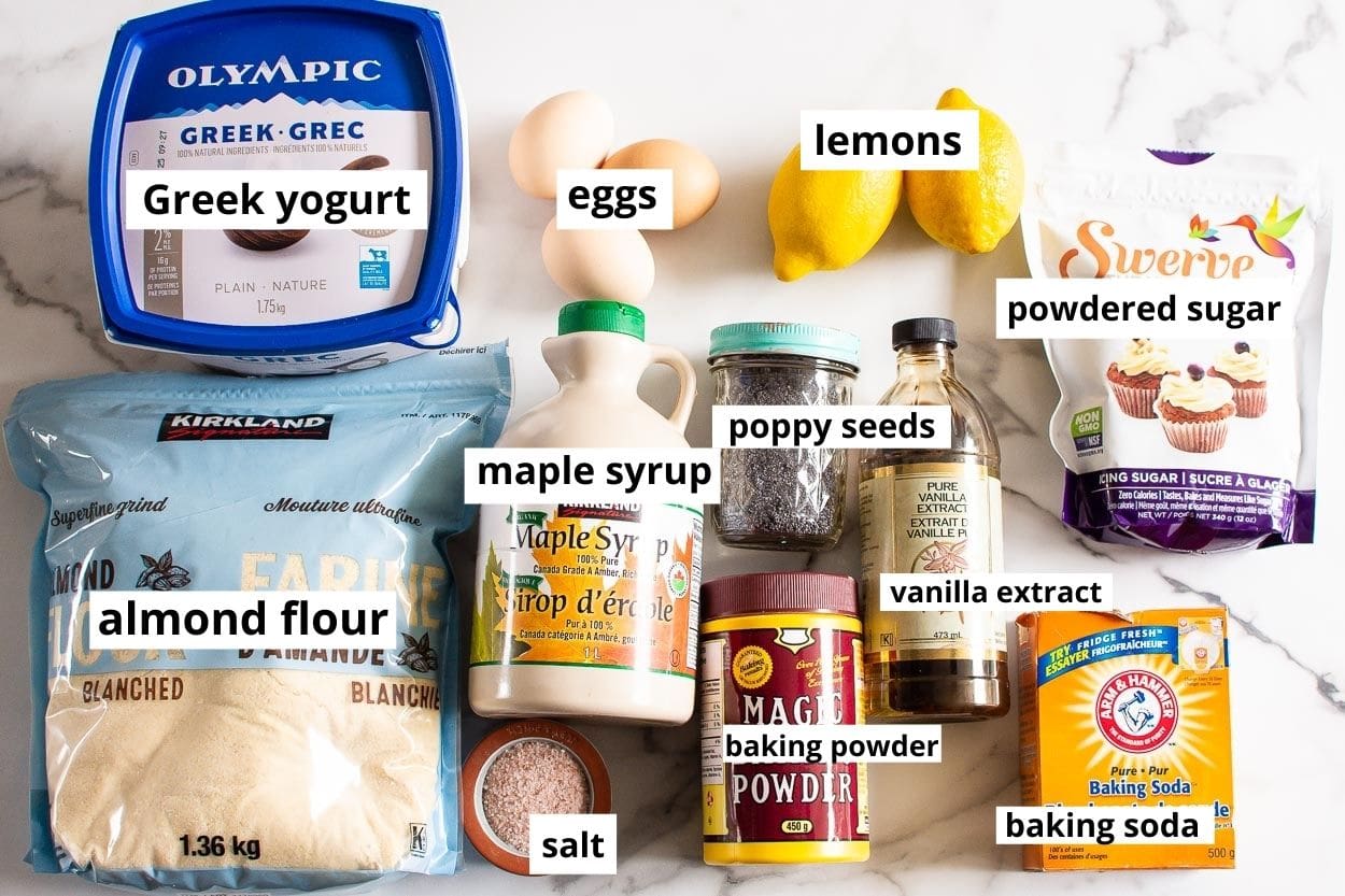 Almond flour, Greek yogurt, lemons, poppy seeds, maple syrup, baking staples. 