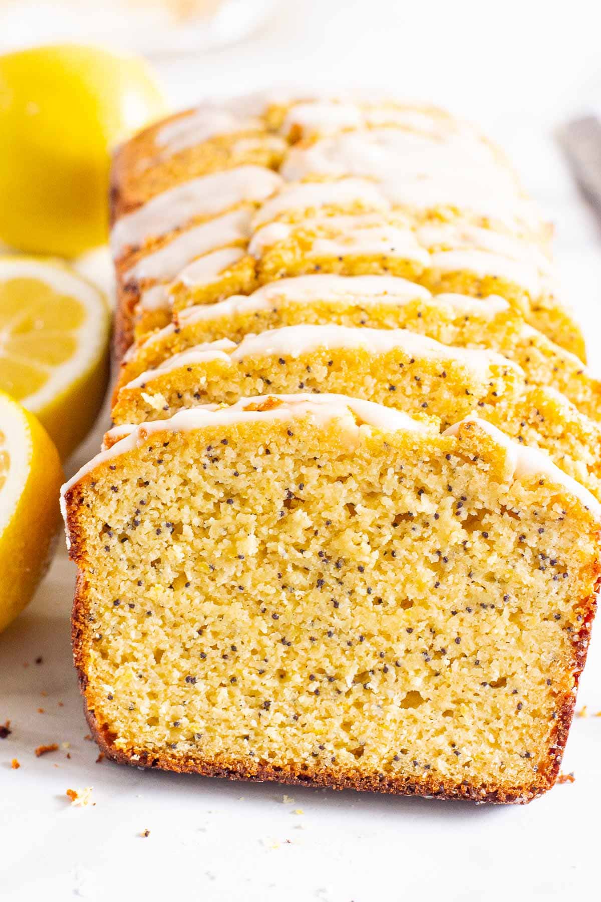 Sliced almond flour healthy lemon poppy seed bread.