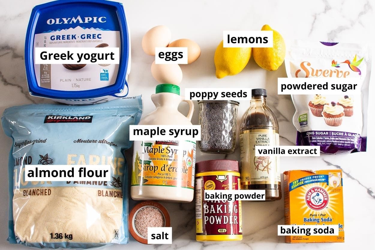 Almond flour, Greek yogurt, eggs, lemons, maple syrup, poppy seeds.