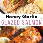 Honey garlic glazed salmon paired with rice.