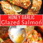 Honey garlic glazed salmon with sauce on spoon.