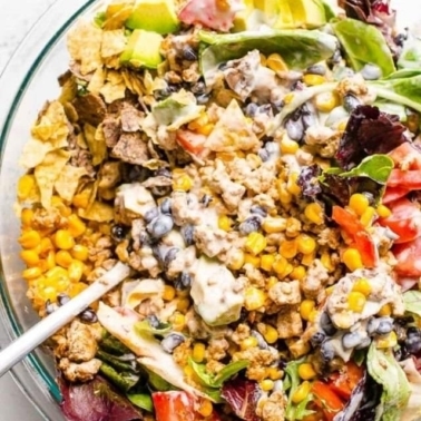 Healthy taco salad with ground turkey in a bowl.