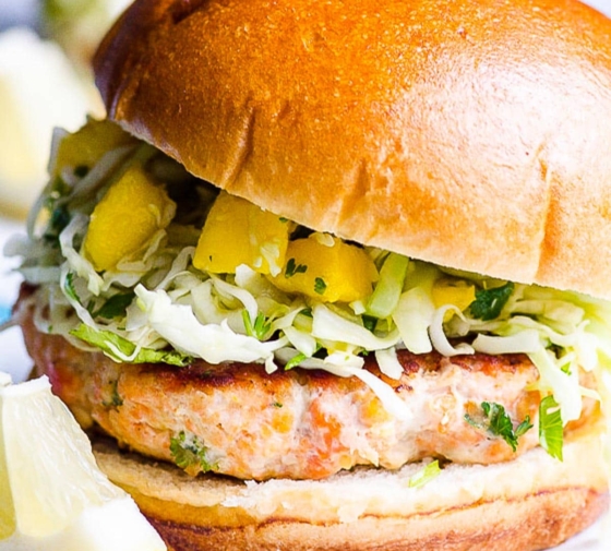 Healthy Salmon Burgers with Mango Slaw