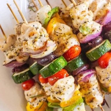 Greek chicken kabobs on skewers