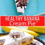 Healthy Banana cream pie sliced on a blue plate.