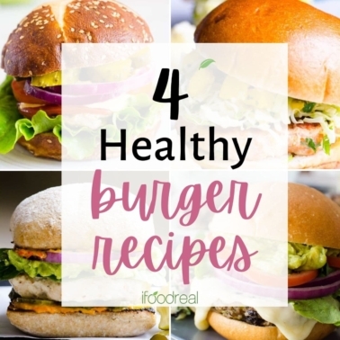 A photo collage of healthy burger recipes.