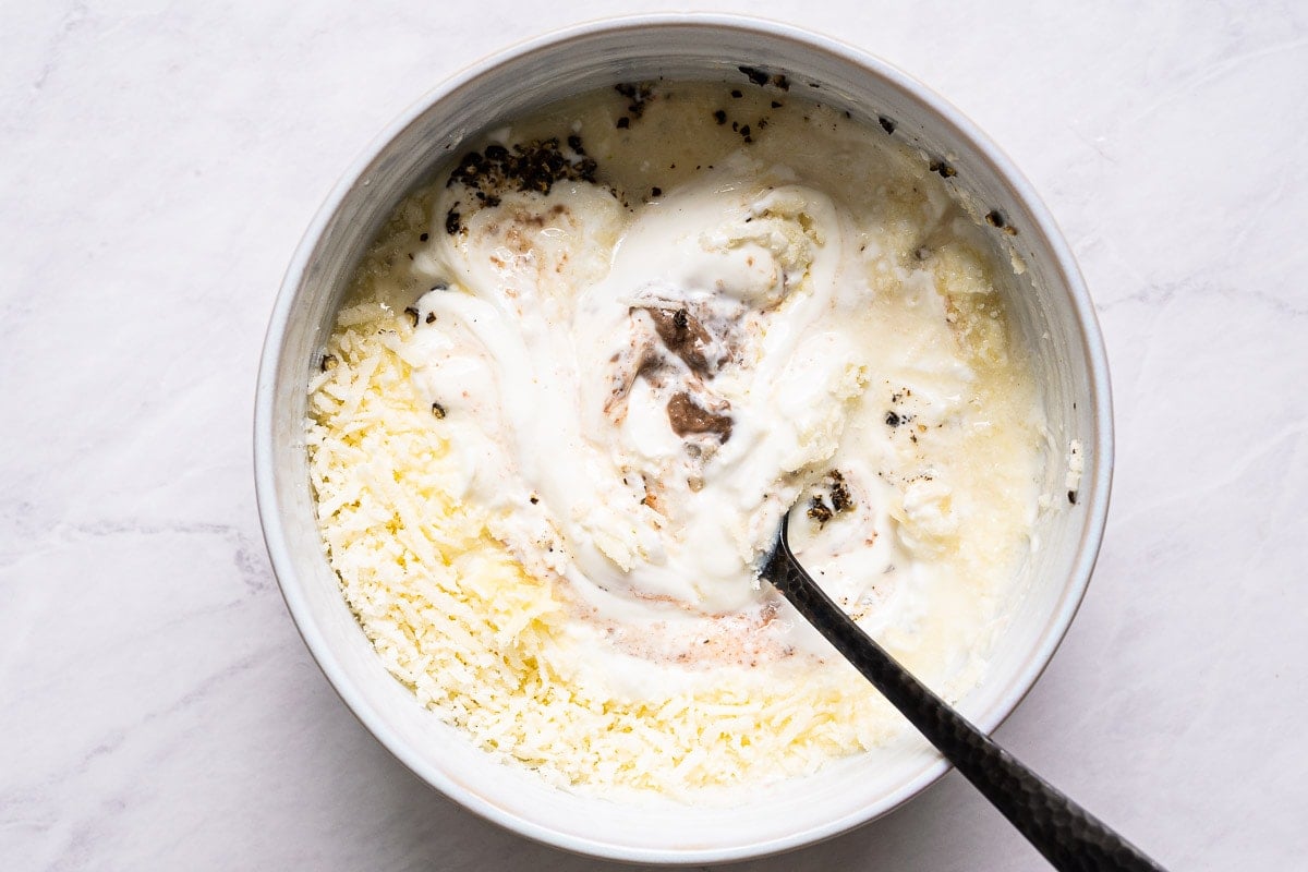 Yogurt, parmesan cheese, anchovy paste, lemon, garlic, salt and pepper in white bowl with a fork.