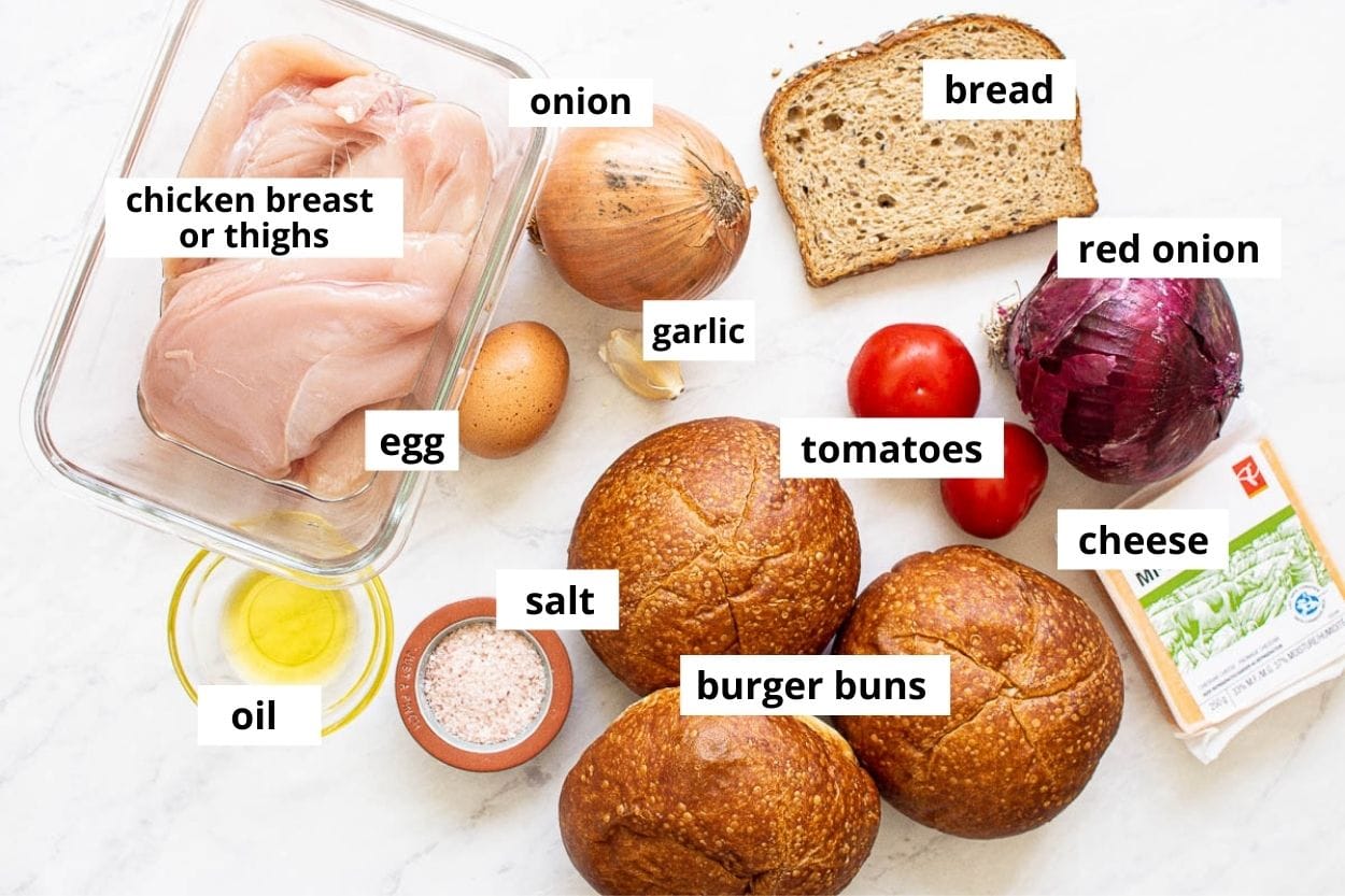 Chicken breast, bread, egg, garlic, tomatoes, oil, salt, red onion, burger buns, cheese and tomatoes.