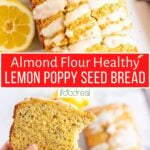 Healthy lemon poppy seed bread with fresh lemon and a hand holding a slice.