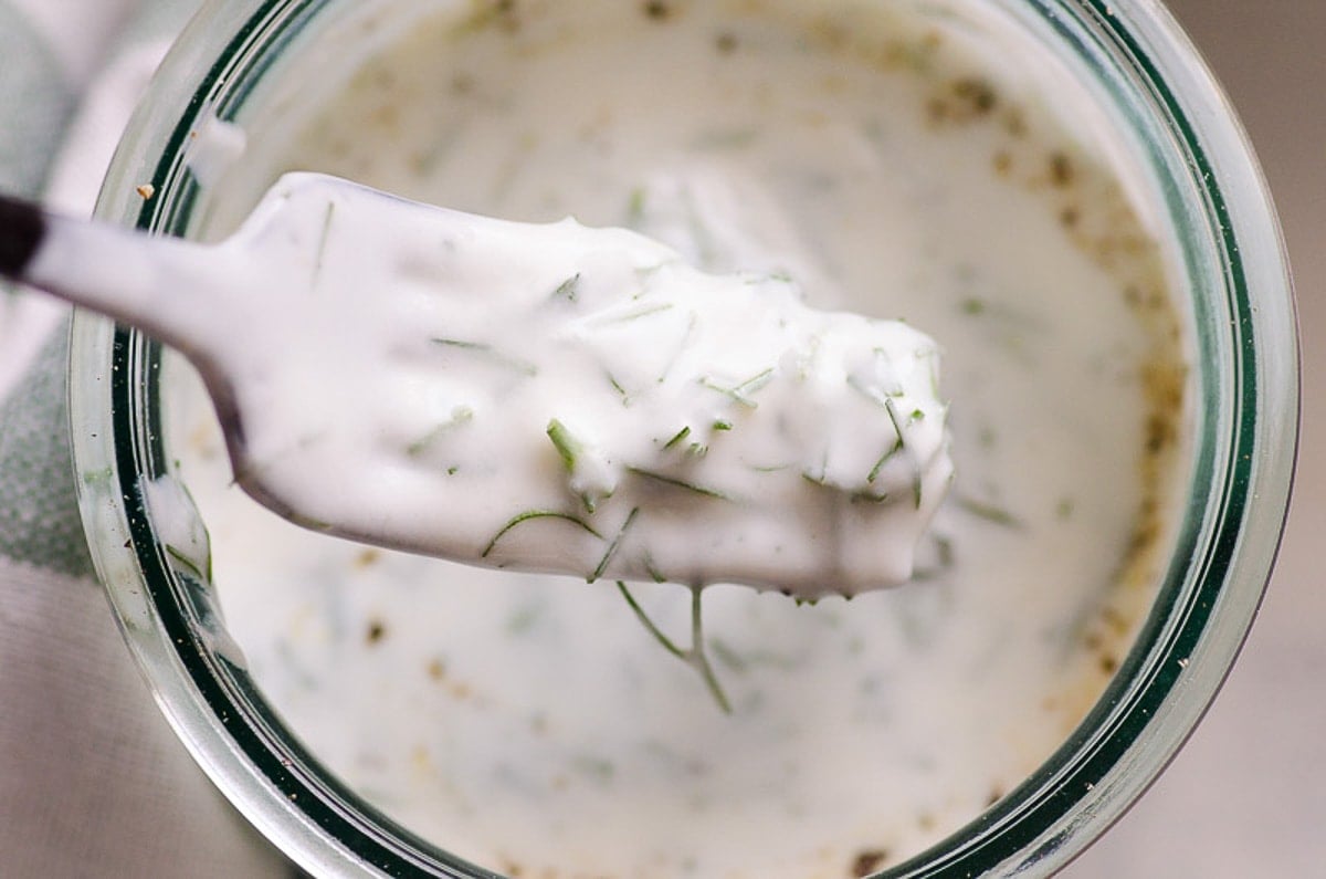 Healthy ranch dressing on a fork.