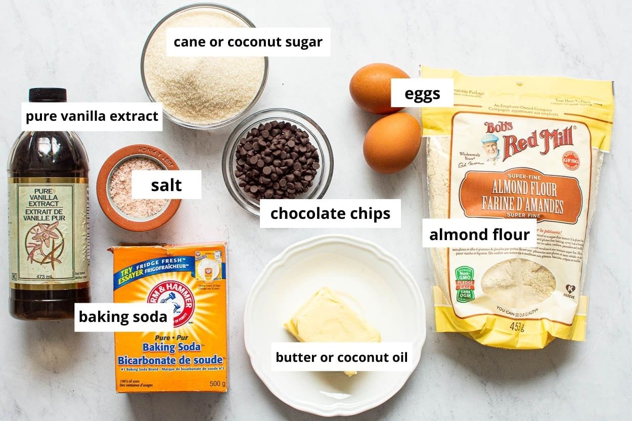 Almond flour, chocolate chips, butter, eggs, sugar, baking soda, salt, vanilla extract.