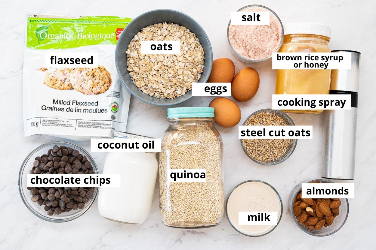 Quinoa, oats, steel cut oats, flaxseed, milk, almonds, chocolate chips, coconut oil, eggs, honey, salt, cooking spray.