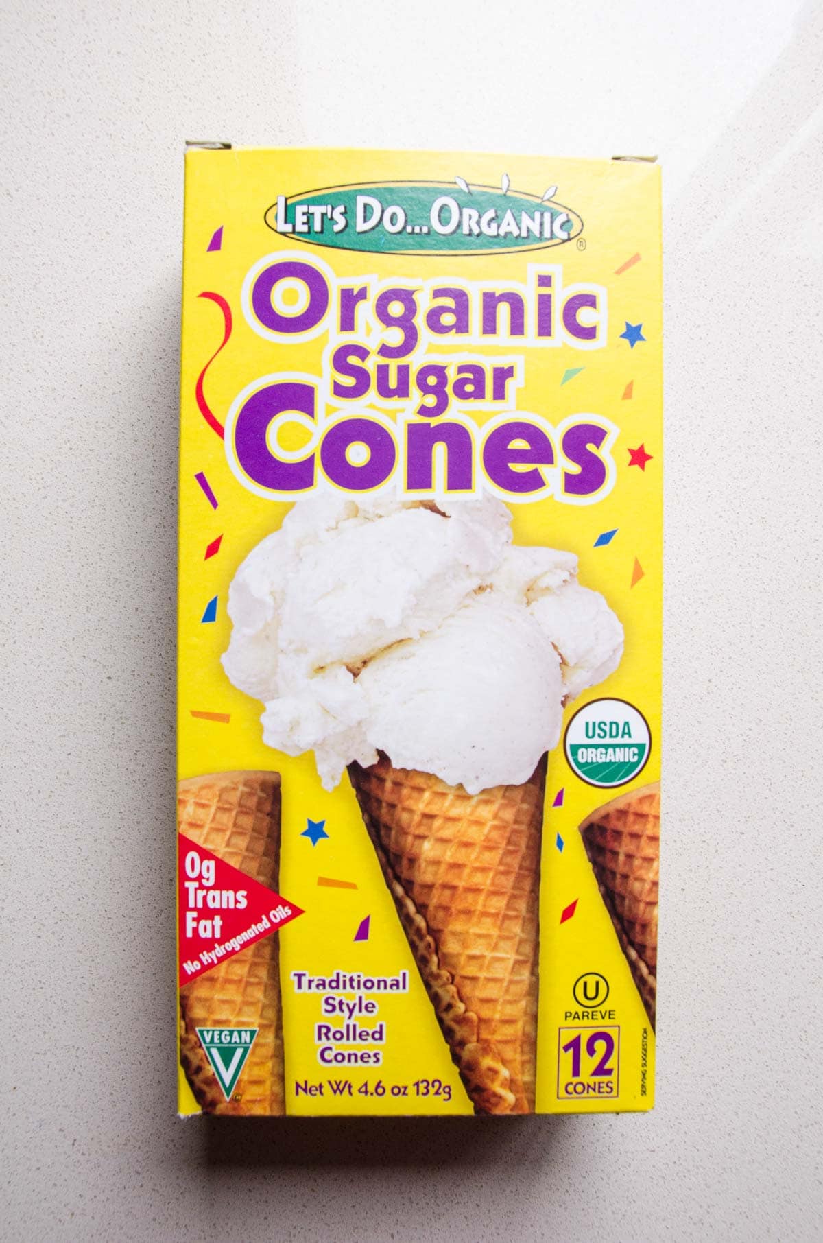Box of organic sugar ice cream cones.