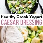 Healthy Caesar dressing poured out of jar and on salad.