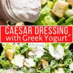 Healthy Caesar dressing being poured out of jar and on salad.